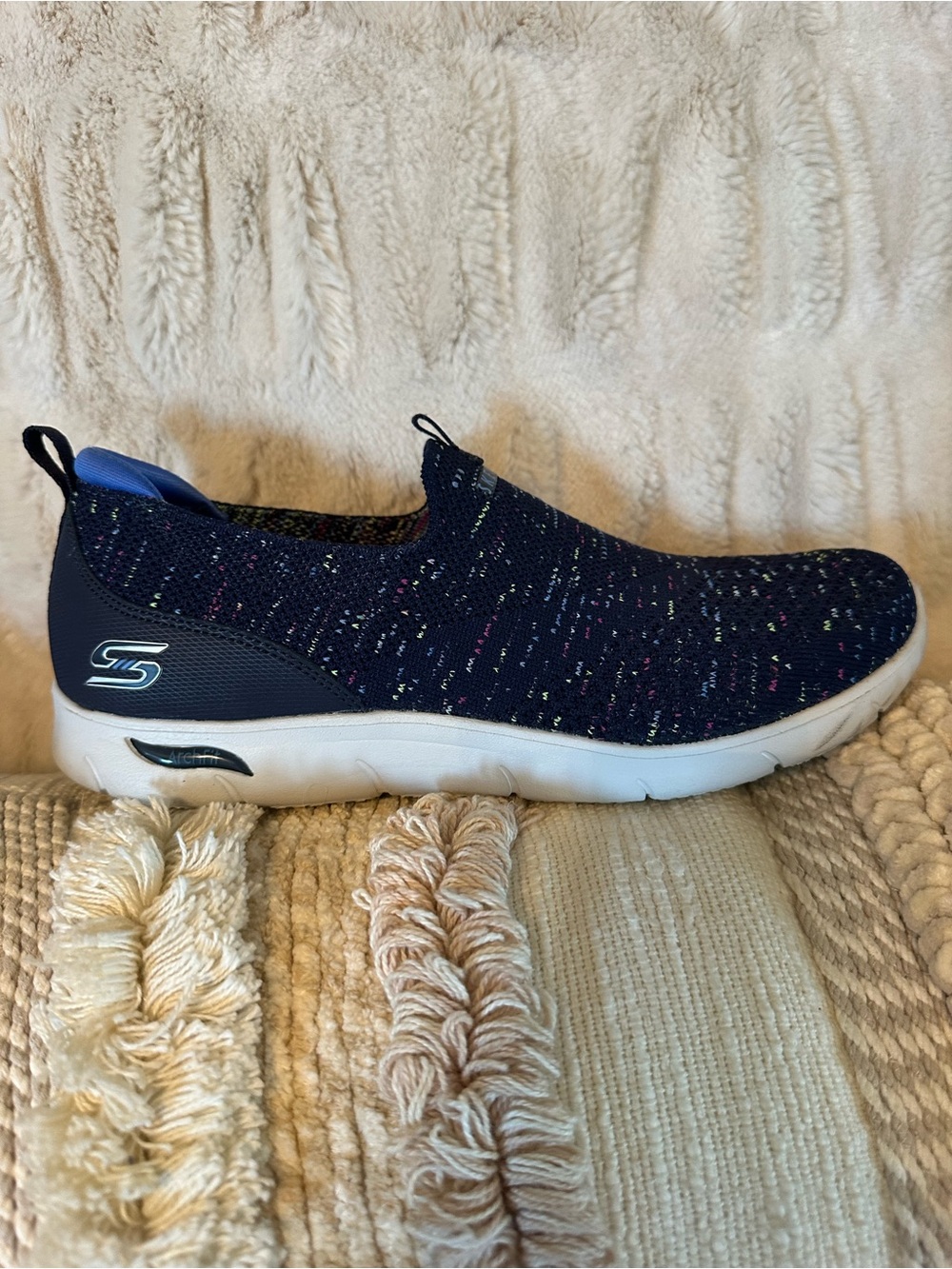 Skechers Navy Knit Slip-On Arch Fit Sneakers with Multicolor Flecks - Picture 5 of 6